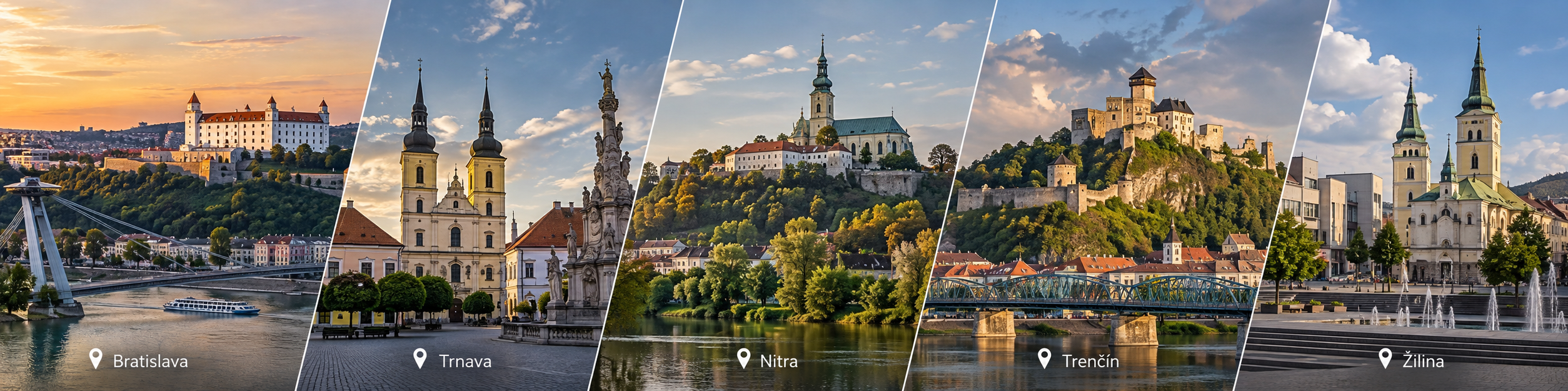 Panoramatická koláž piatich slovenských miest: Bratislava, Trnava, Nitra, Trenčín a Žilina