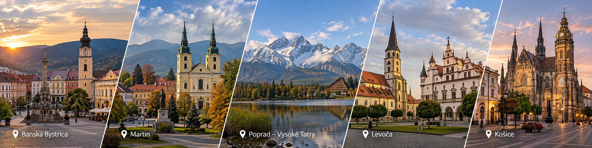 Panoramatická koláž piatich slovenských lokalít: Skalica, Piešťany, Modra, Komárno a Čičmany
