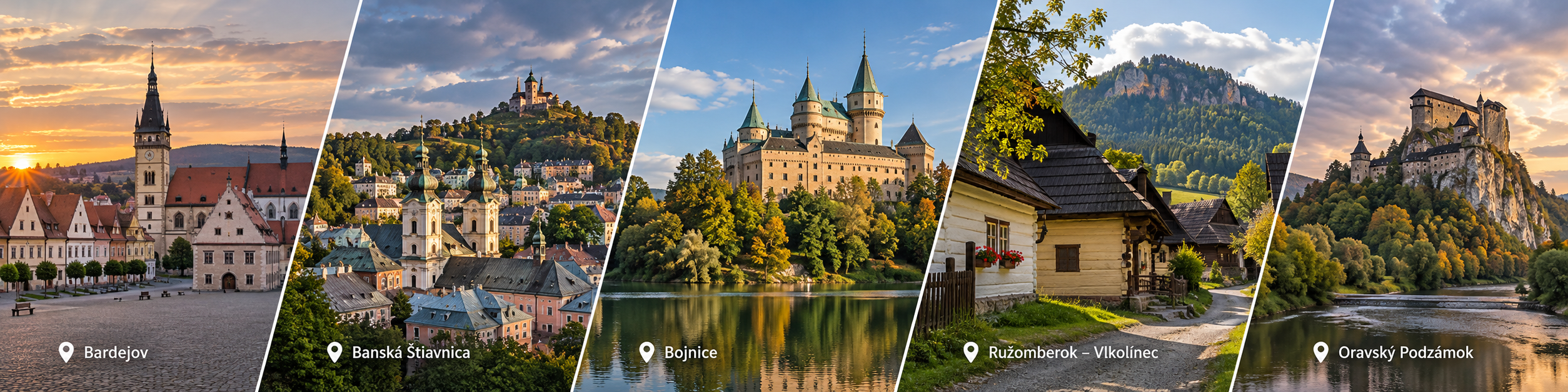 Panoramatická koláž piatich slovenských lokalít: Banská Bystrica, Martin, Poprad – Vysoké Tatry, Levoča a Košice