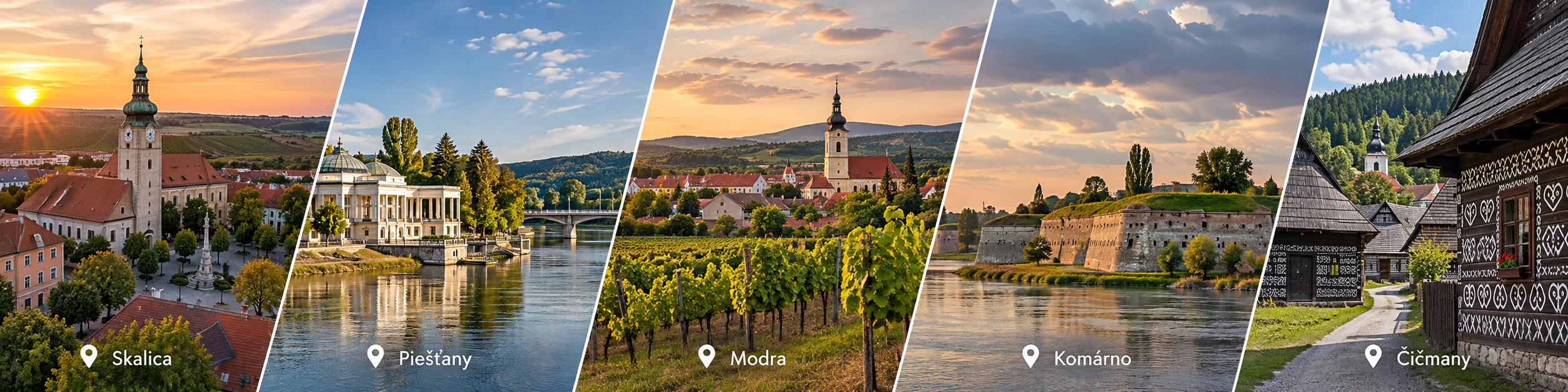 Panoramatická koláž piatich slovenských lokalít: Bardejov, Banská Štiavnica, Bojnice, Ružomberok – Vlkolínec a Oravský Podzámok